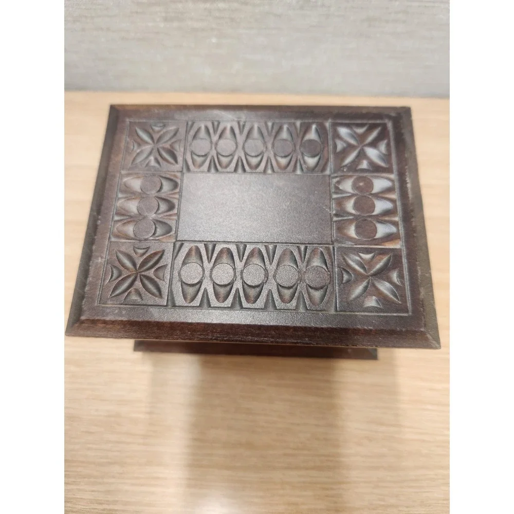 Vintage Hand Carved Wood Double Secret Compartment Hinged Trinket Or Jewelry Box